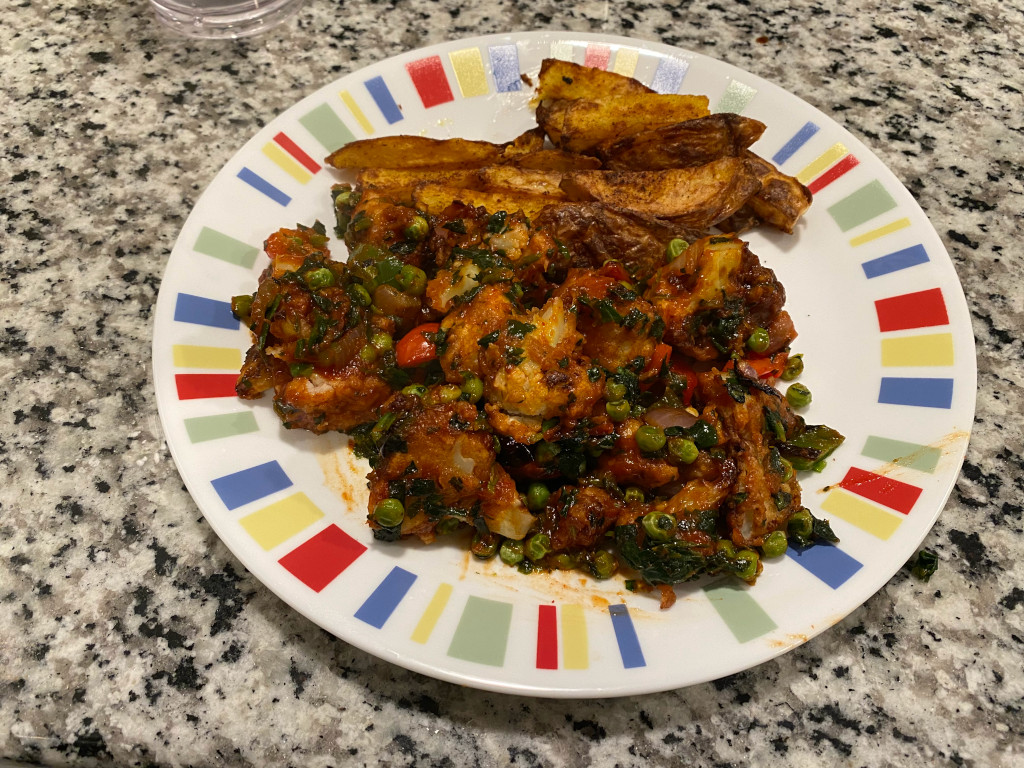 With some peas (why not) and air fried potatoes